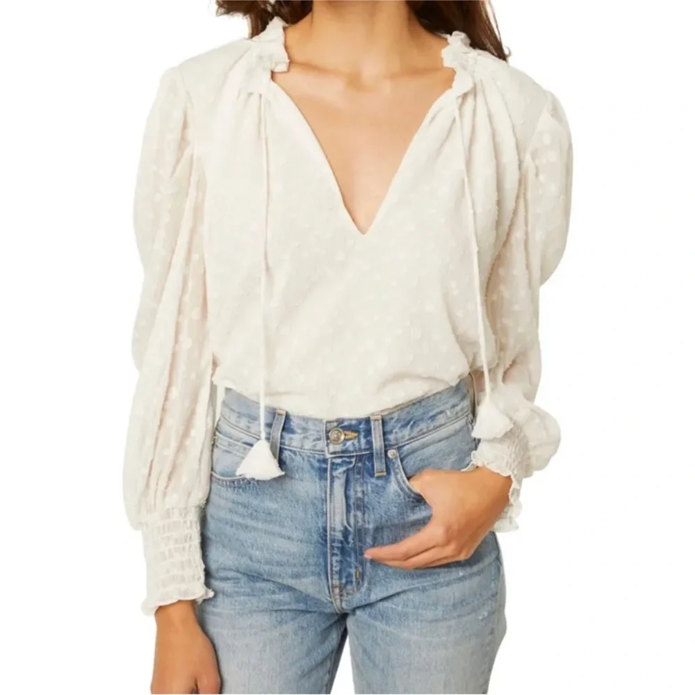 MISA Los Angeles Siena Puff Sleeve Clip Dot Chiffon Blouse White S NWT - Picture 6 of 8